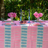 Highlighter pink + pale blue Turkish stripe linen tablecloth