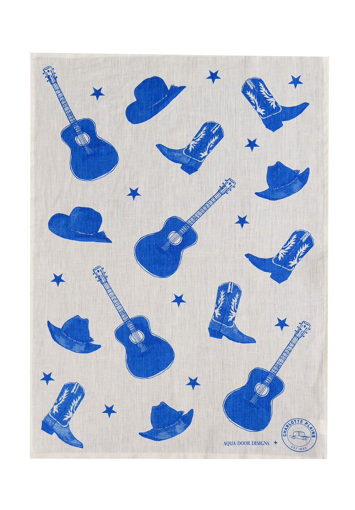 Cobalt blue Stars + Guitars linen tea towel (Natural and off-white)