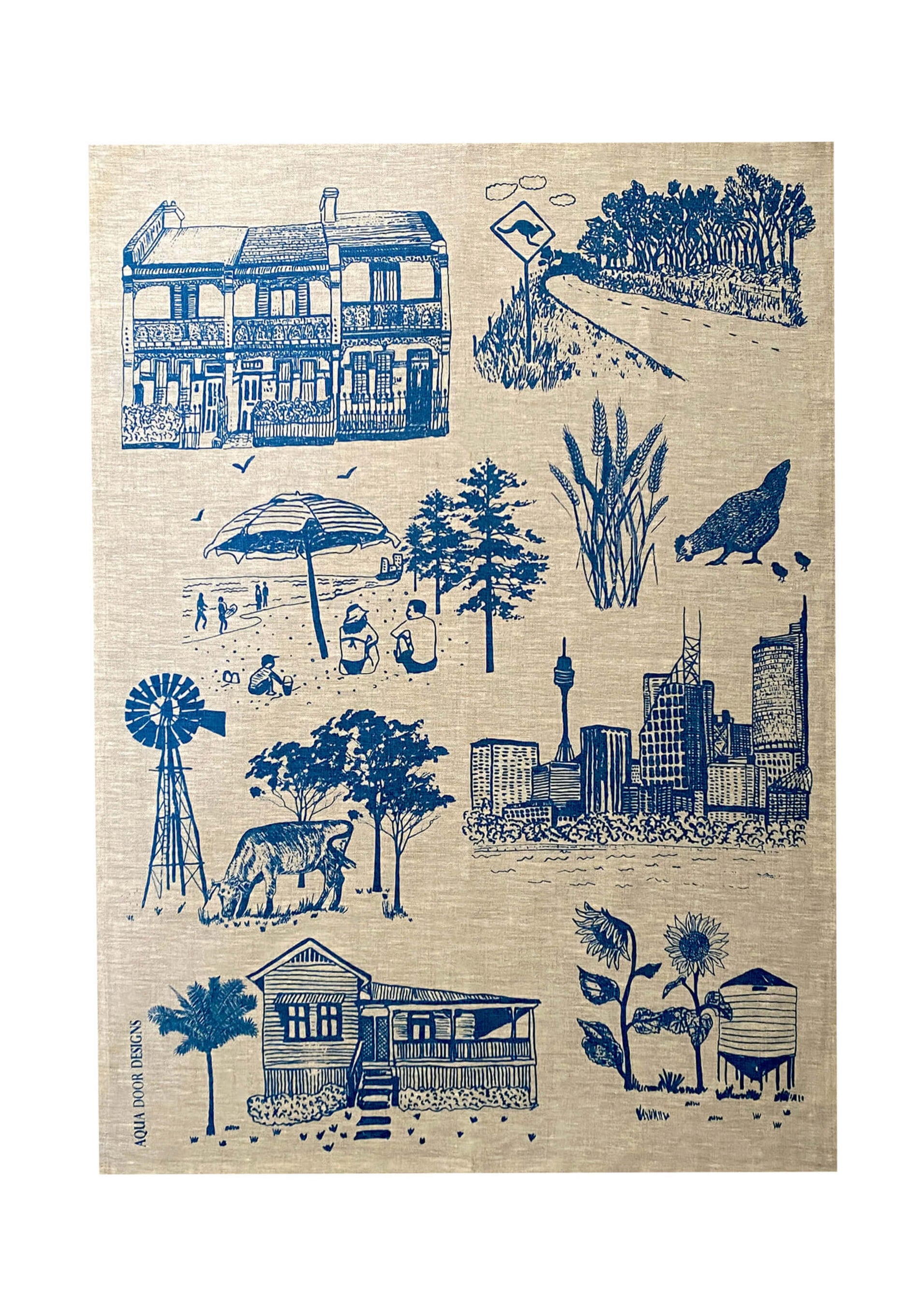 Blue Bush and the Big smoke linen tea towel (Natural and off-white)