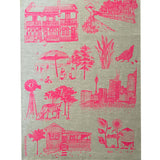Highlighter pink Bush and the Big smoke linen tea towel (Natural and off-white)