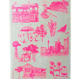 Highlighter pink Bush and the Big smoke linen tea towel (Natural and off-white)