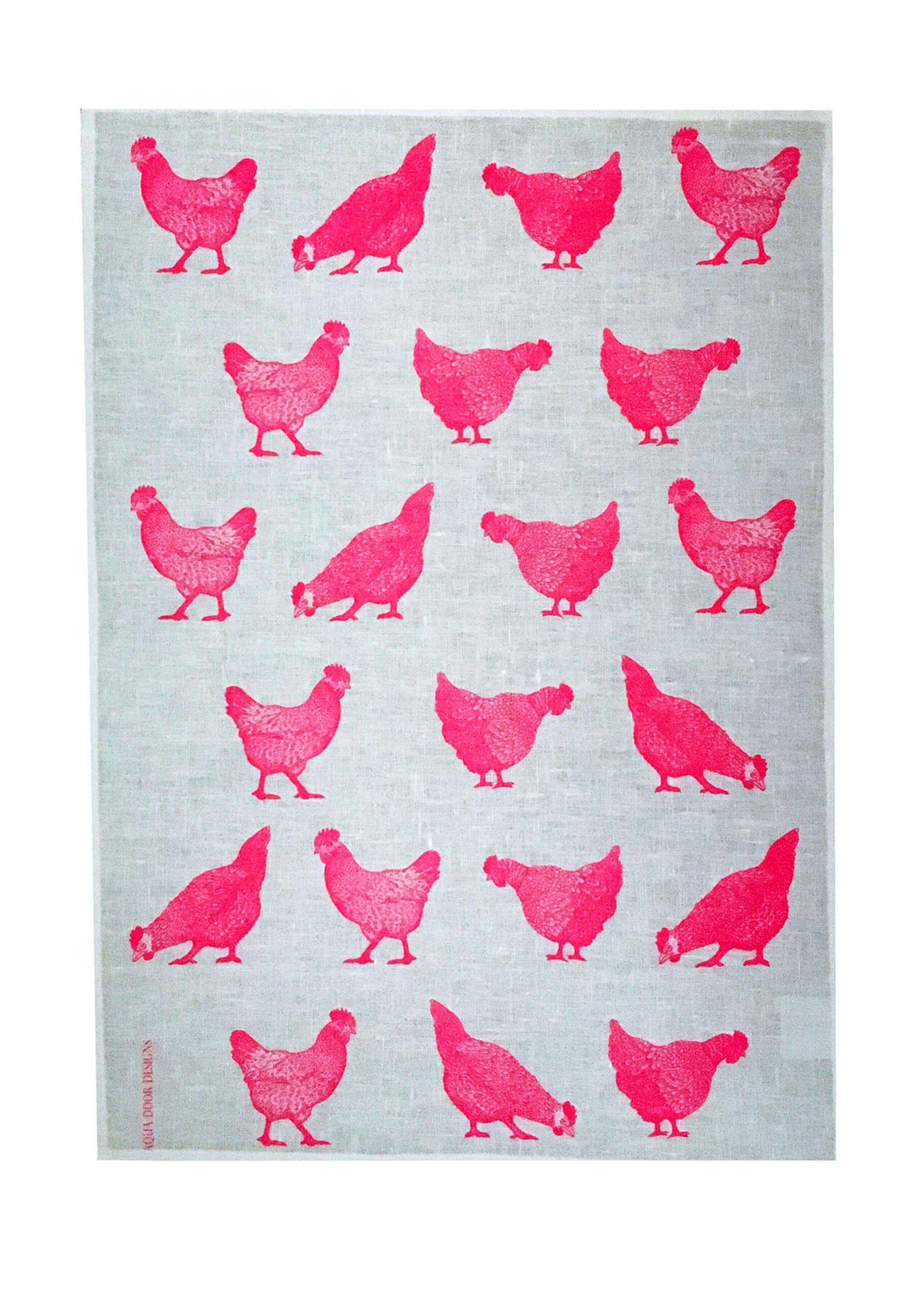 Neon pink Chooks linen tea towel (Natural and off-white)