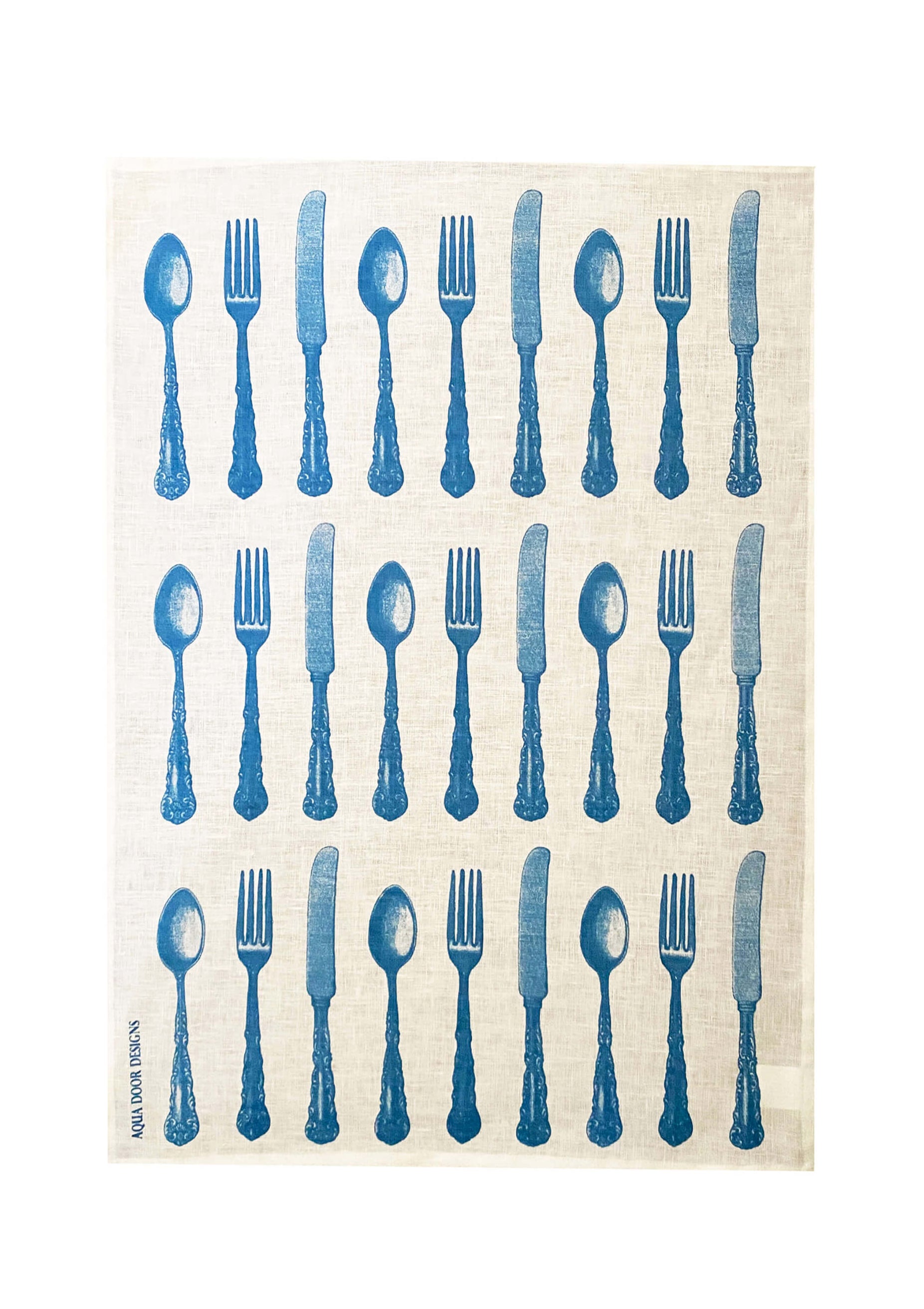 Blue Cutlery linen tea towel (Natural and off-white)