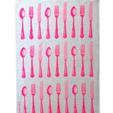 Neon pink Cutlery linen tea towel (Natural and off-white)