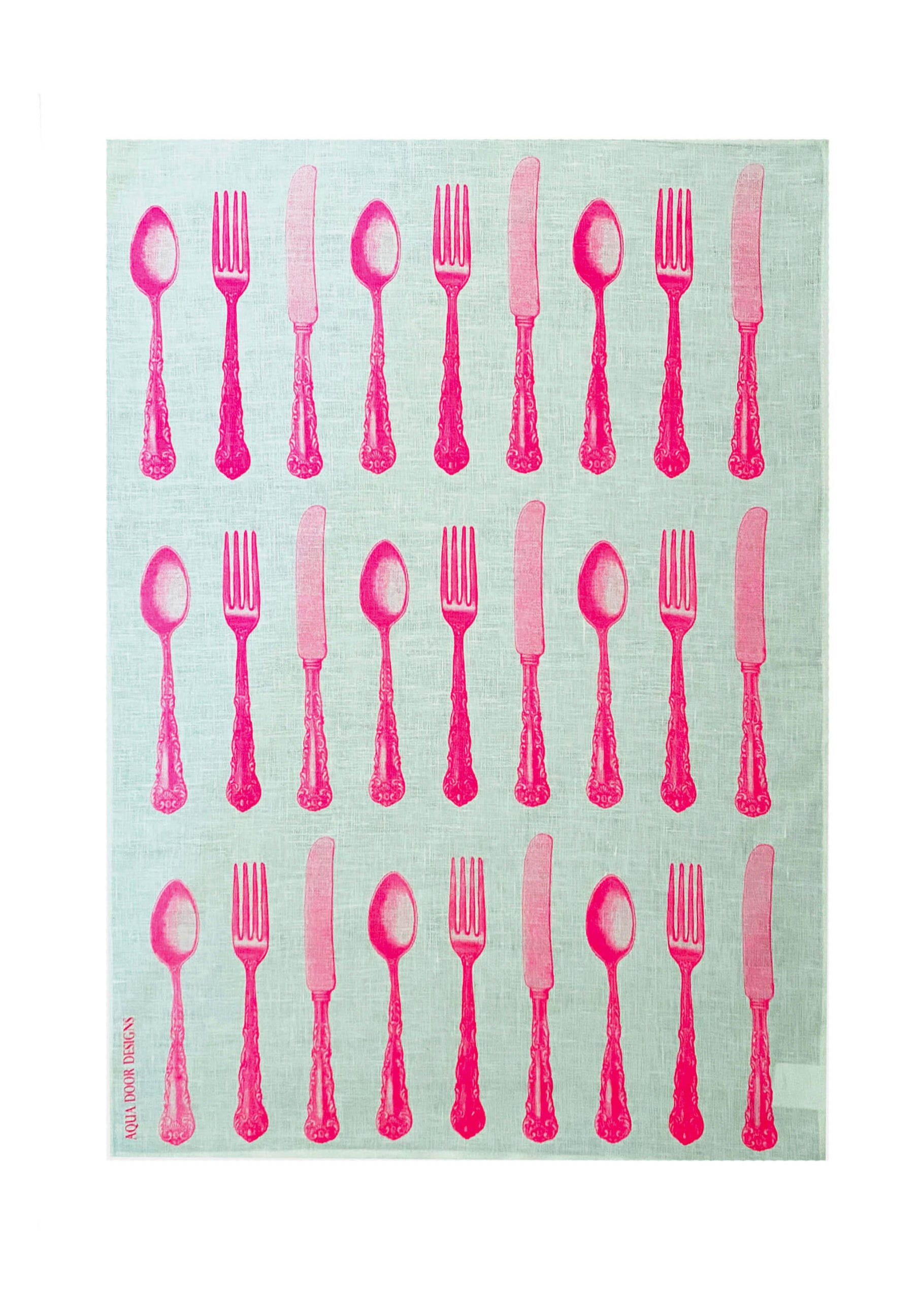 Neon pink Cutlery linen tea towel (Natural and off-white)