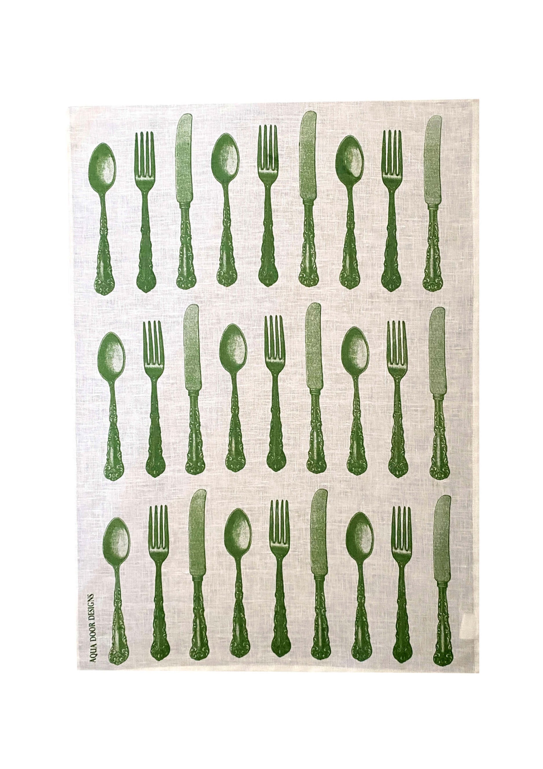 Olive green Cutlery linen tea towel (Natural and off-white)