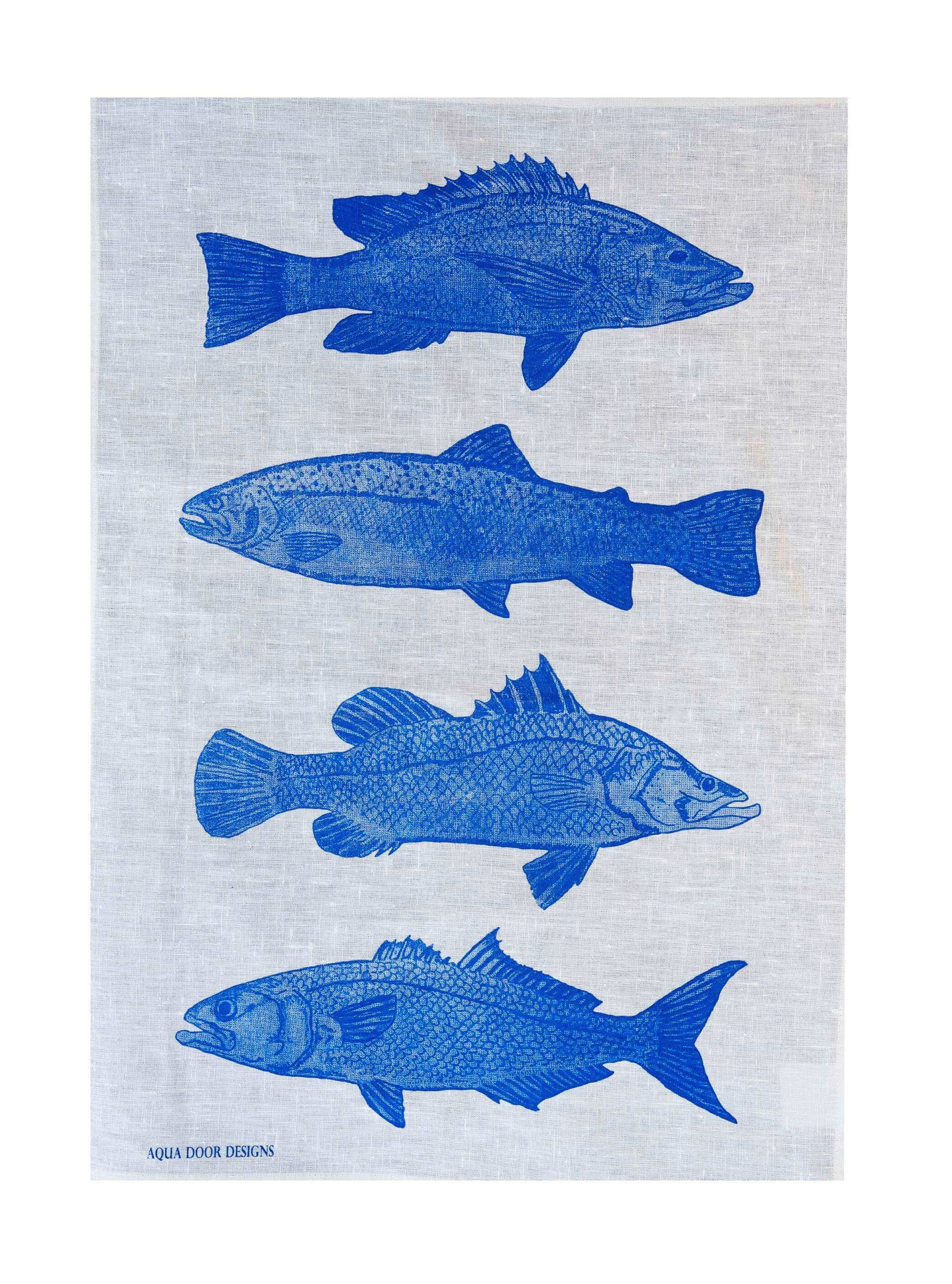 Cobalt Fish linen tea towel (Natural and off-white)