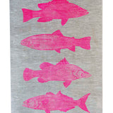 Highlighter pink Fish linen tea towel (Natural and off-white)