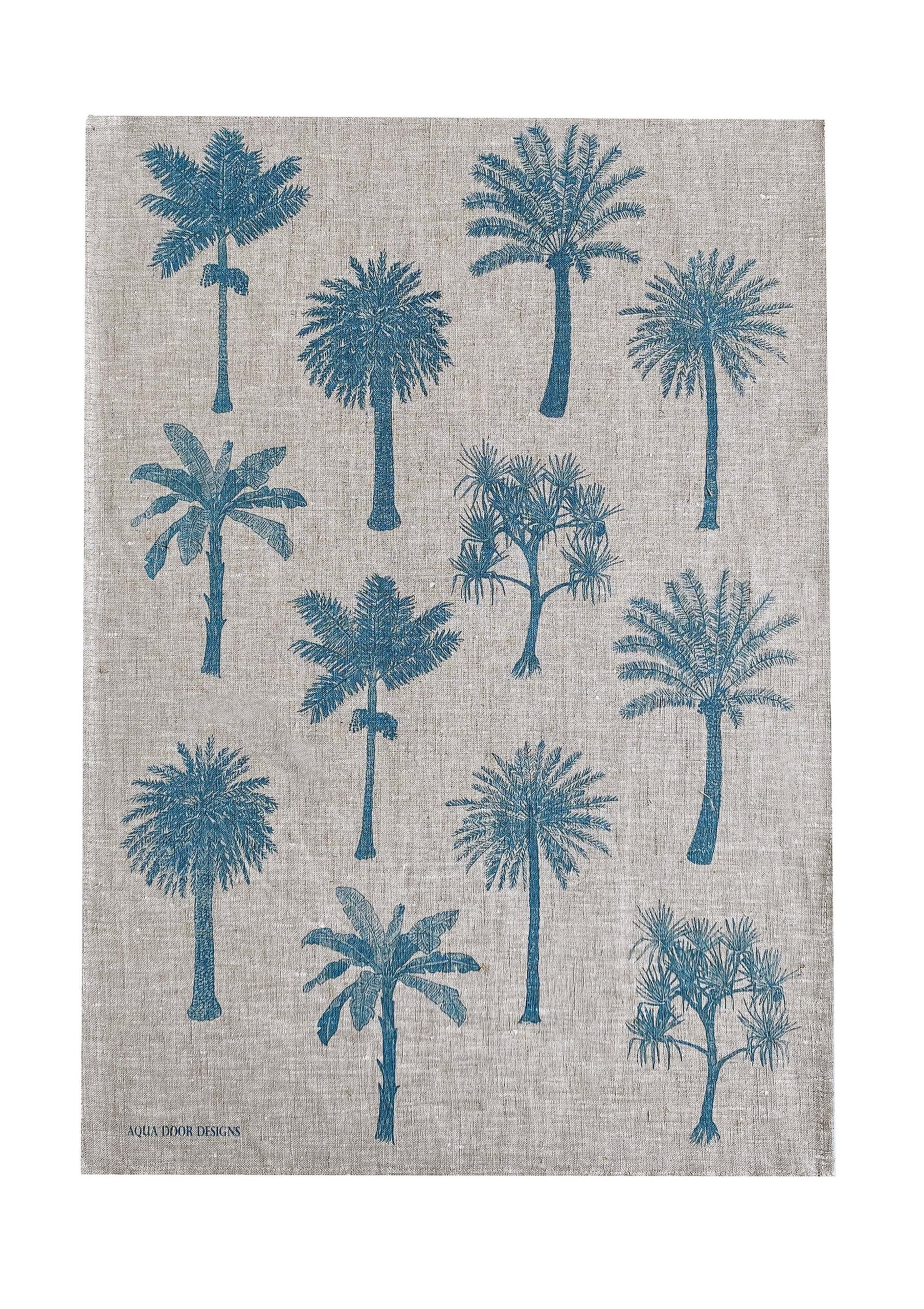Chambray blue Palms linen tea towel (Natural and off-white)