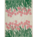 Pink + green Tulips linen tea towel (Natural and off-white)