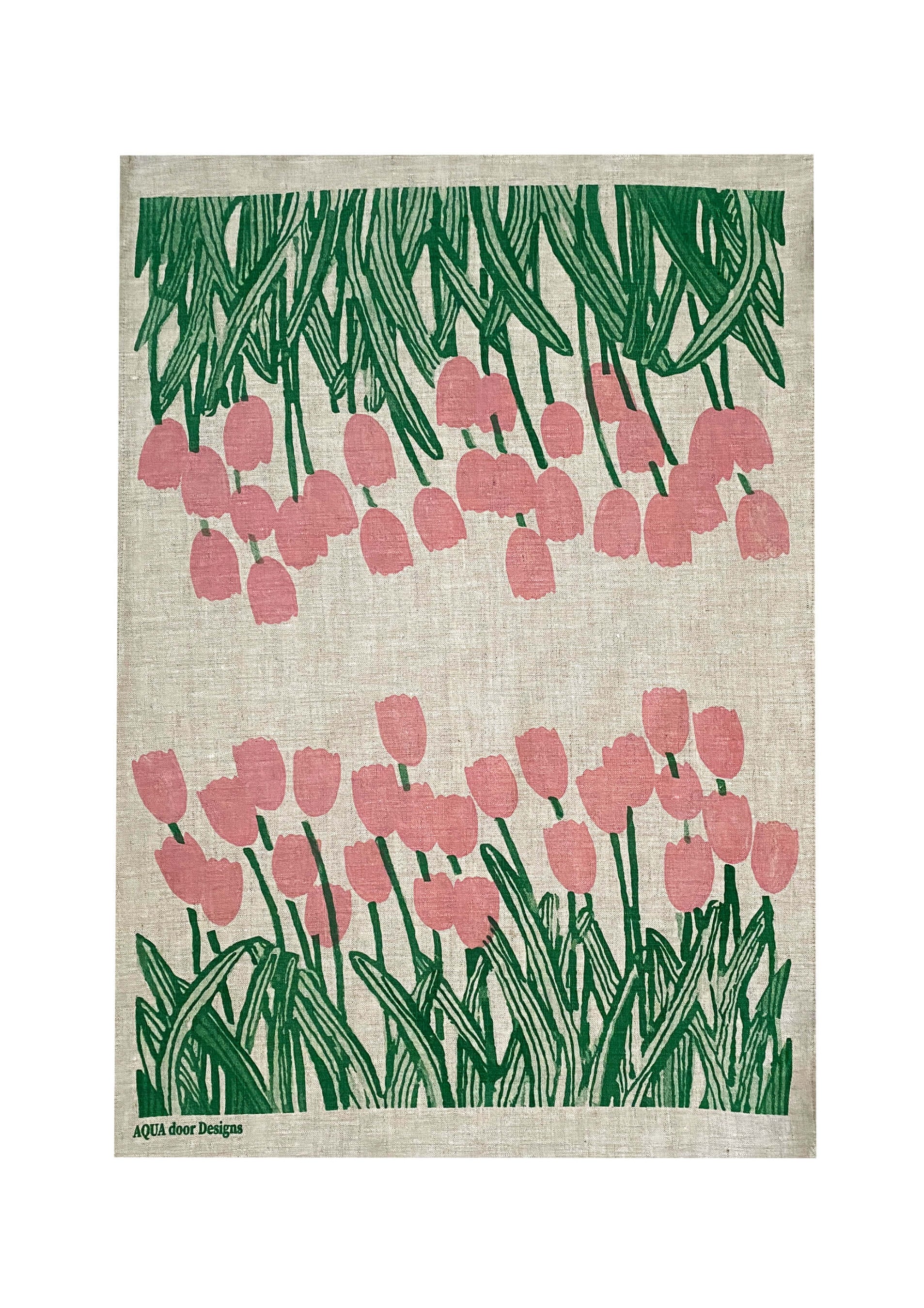 Pink + green Tulips linen tea towel (Natural and off-white)