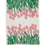 Pink + green Tulips linen tea towel (Natural and off-white)